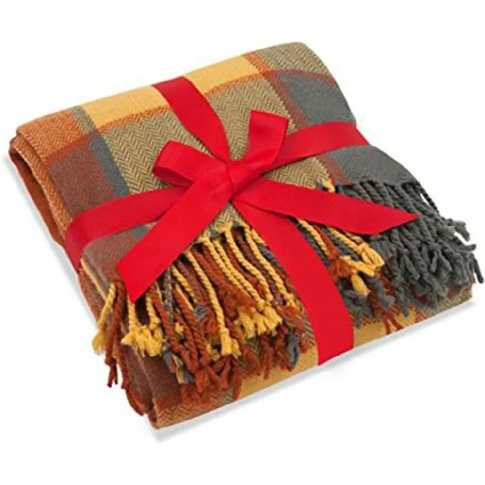 Classic Home Throw Blanket -Reversible Acrylic, Cozy Plaid Fringe, 50x67, Pumpkn